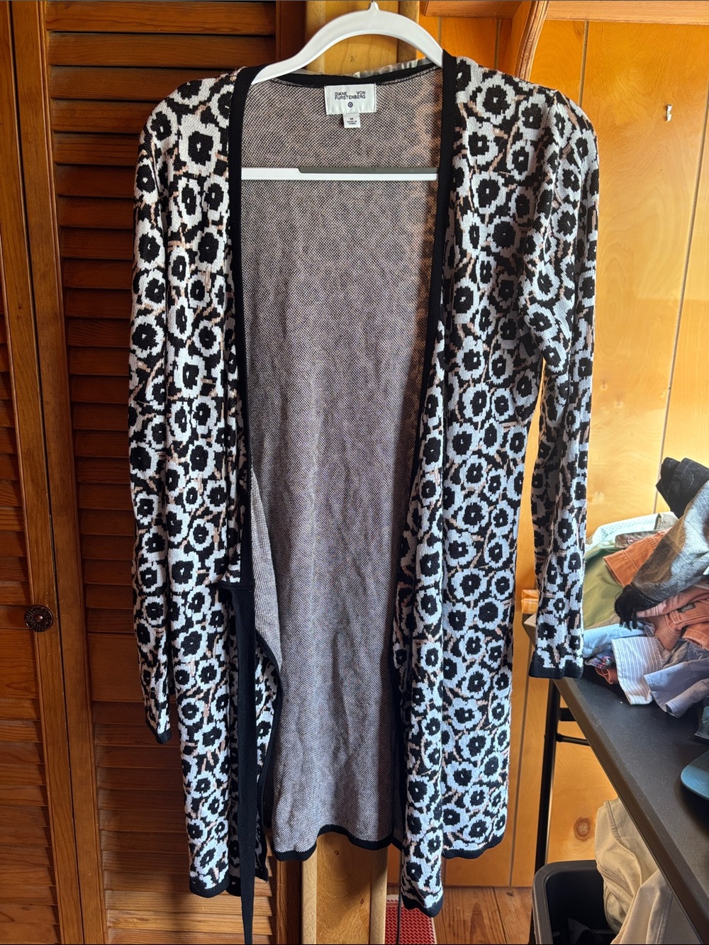 Diane von Furstenberg Black and White Floral Jacquard Open Cardigan